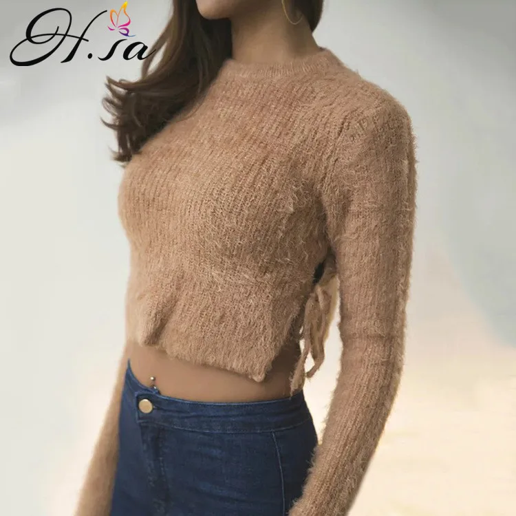 H.SA Autumn winter women sweaters and pullovers korean long sleeve Sexy crop sweater slim solid Mohair jumpers sweter Sext Tops | Женская