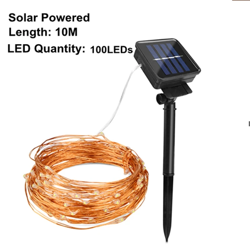 10M Solar Powered Гирлянда, медный провод, светодиодный светильник для кухни, 2 м, 5 м, 10 м, 20 м, батарея/перезаряжаемый, светодиодный, сказочный светильник, домашний декор, светильник - Цвет: 10M Solar Powered