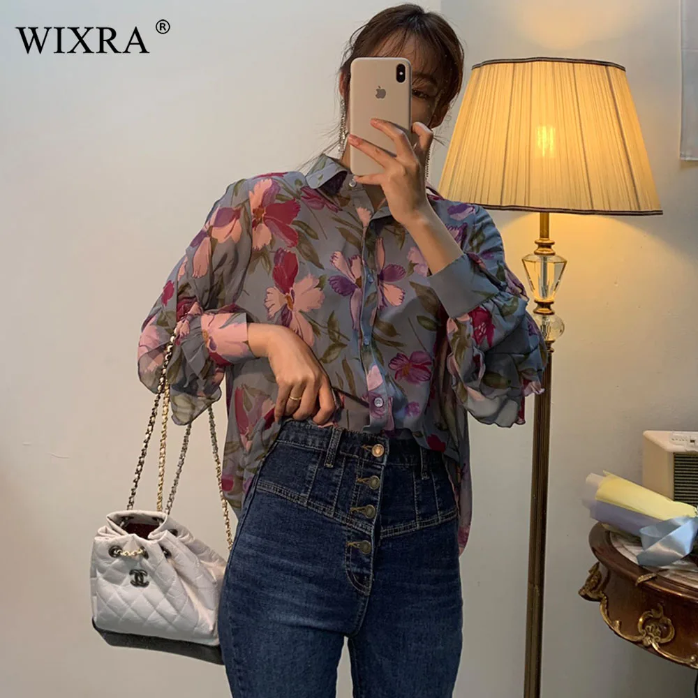 Wixra 2019 новые модные блузки с цветочным принтом отложным воротником стильные