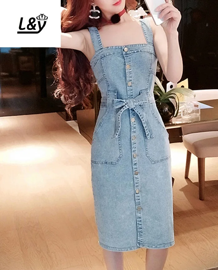L&ampY Single Breasted Jeans Dress Women Vestidos Vintage Fashion Square Neck Pocket Bow Sexy Slit Slim Ladies Denim Summer | Женская