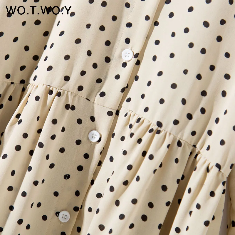 WOTWOY в горошек абрикосовое Макси платье женское винтажное с длинными рукавами и