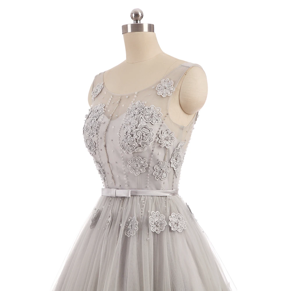 WeiYin Robe de Soiree Elegant O-neck Sleeveless Appliques Beading Evening Party Gray Lace Tea-Length Dresses | Свадьбы и торжества