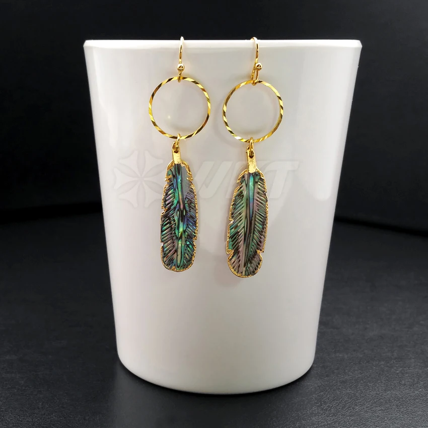 Женские Висячие серьги с перьями из натурального абалона 24 К золотым покрытием