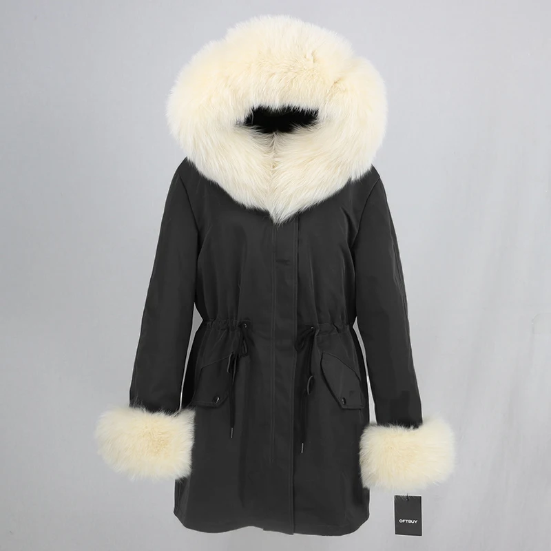 black beige Водонепроницаемая Женская парка, зимняя куртка, женская шуба из натурального меха енота, Воротник из меха лисы, капюшон, отстегивающиеся манжеты, уличная одежда, роскошная - Цвет: black beige
