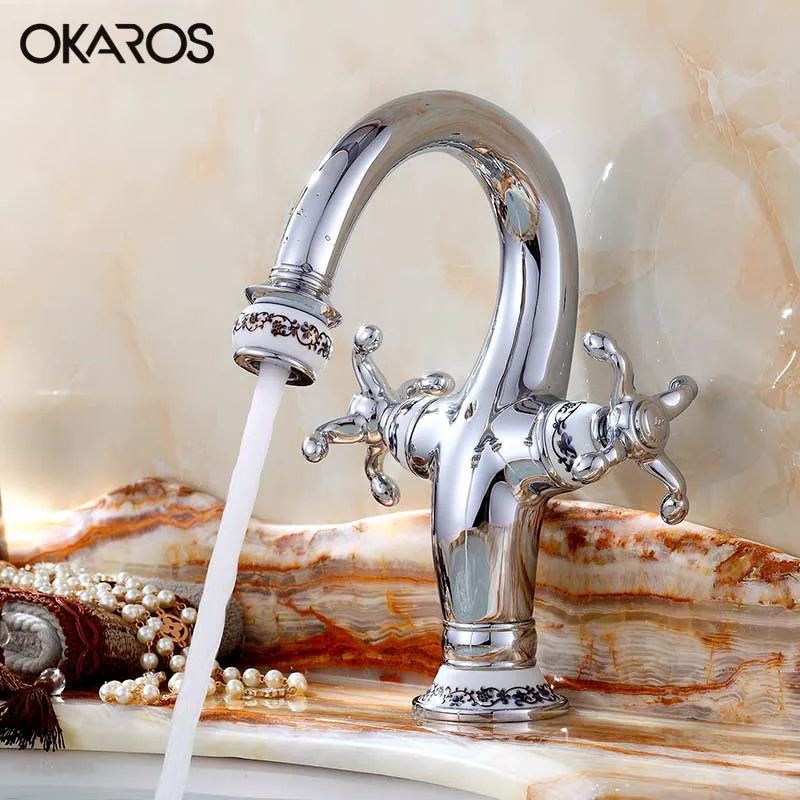 Смеситель для раковины OKAROS твердая латунь Хромовая/Золотая отделка двойная