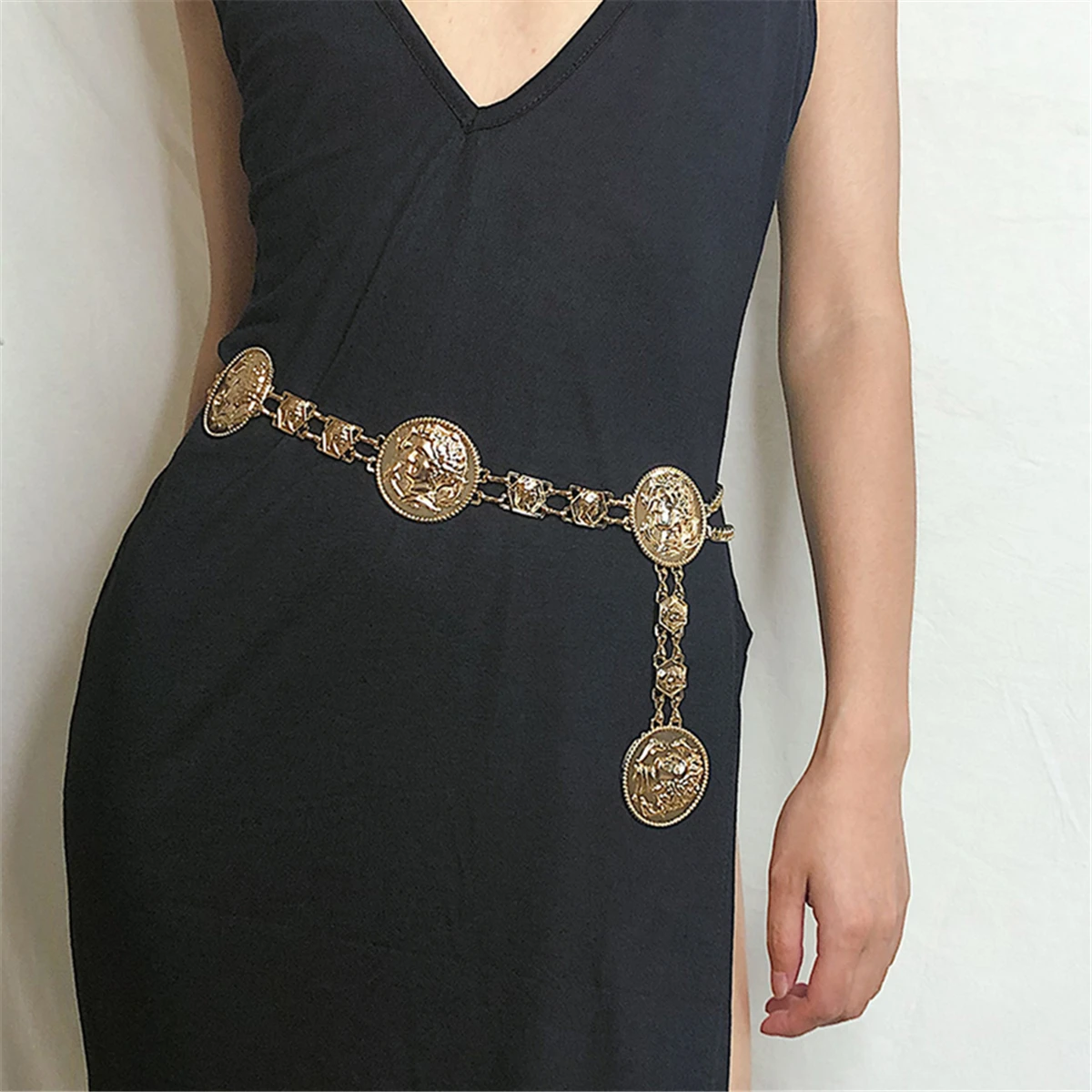 Ingemark Vintage Metal Dangle Waist Belt Chain Jeans Ethnic Gypsy Carved Coin Portrait Pendant Harness Women Belly Body Jewelry