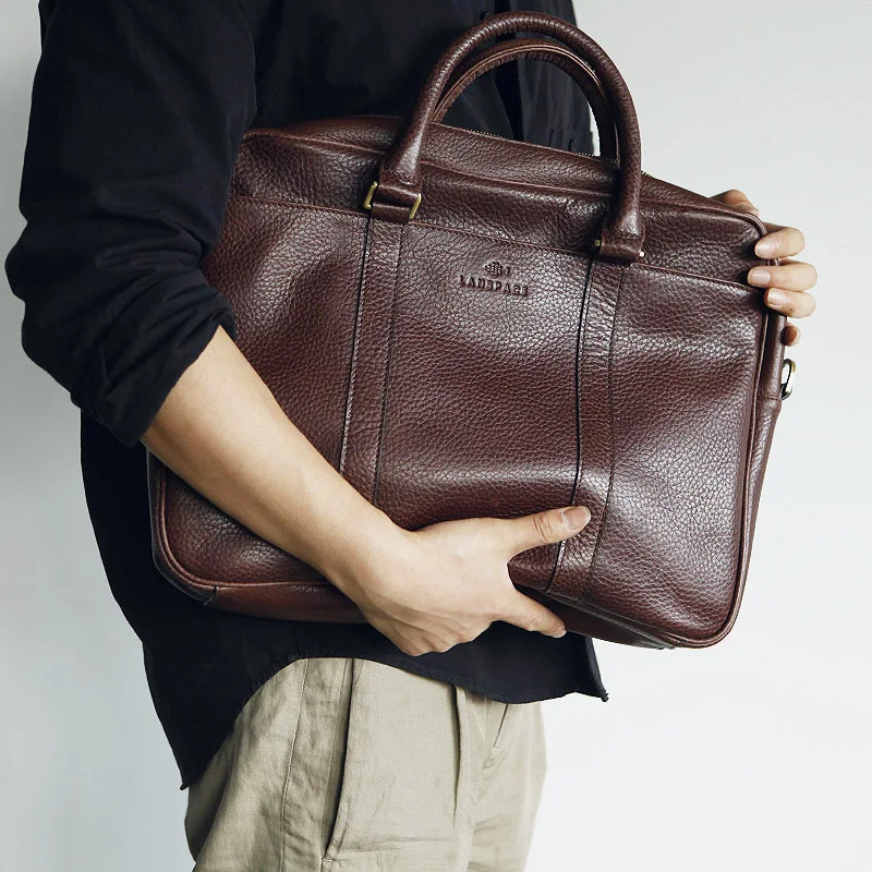 LANSPACE genuine leather briefcase men brand high quality leather men bag