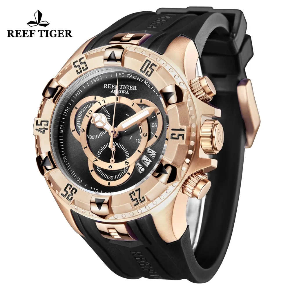 Мужские спортивные часы Reef Tiger/RT розовое золото синий цвет модные с резиновым