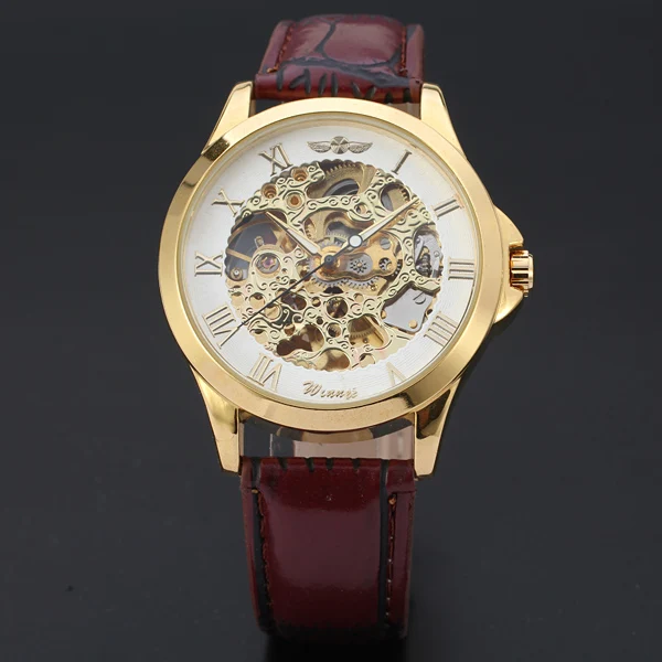 WINNER элегантные черные кожаные автоматические золотые скелетоны Римский