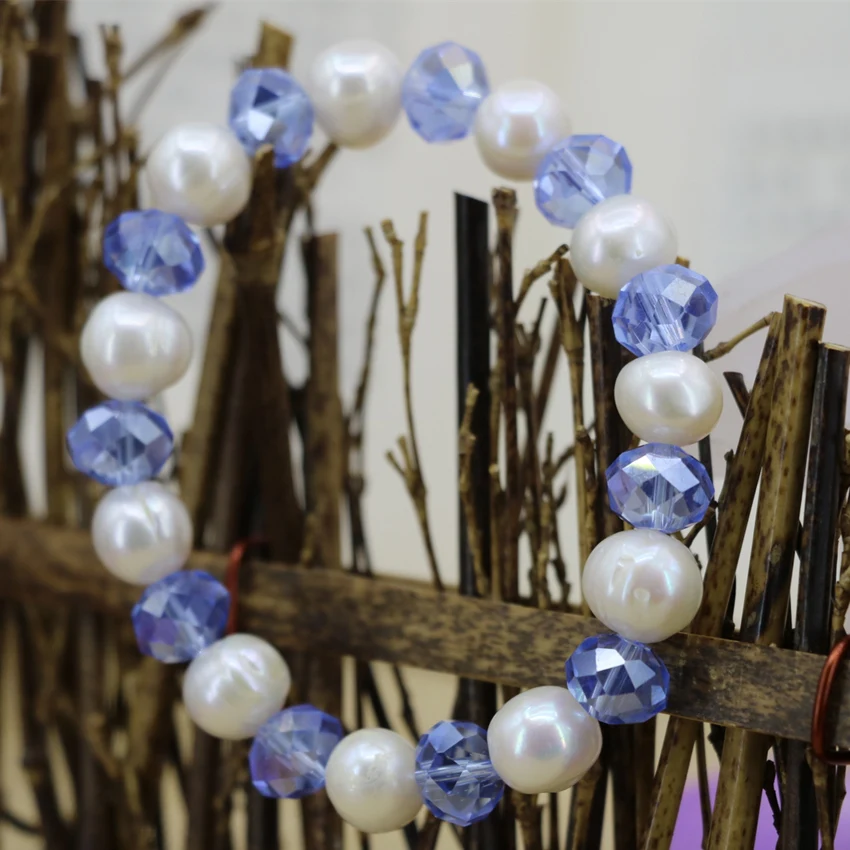 

Hot sale white 10-11mm natural thread pearl beads strand elastic bracelet for women blue crystal unique jewelry 7.5inch B3130