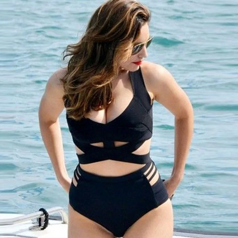 

Woman bathing suit swimsuit with high waist plus-size Push Up swimsuit solid black XL,XXL,XXXL swimwear