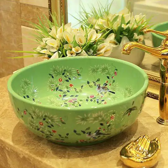 Фарфор ручной работы раковина птицы и цветы столешницы Керамика Ванная комната