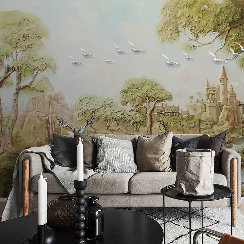 

8D Large Murals Castle Deer Trees Birds Nature Wallpaper Murals for Sofa Backaground 3d Photo Mural 3d Wall Mural 3D Wall paper