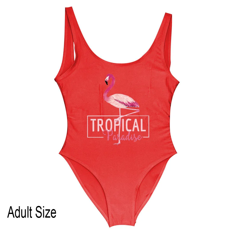 Adult Red Купальник с принтом фламинго для женщин и детей, одежда для купания, цельный костюм, купальник с высокой посадкой и низкой спинкой, купальник для женщин, монокини - Цвет: Adult Red