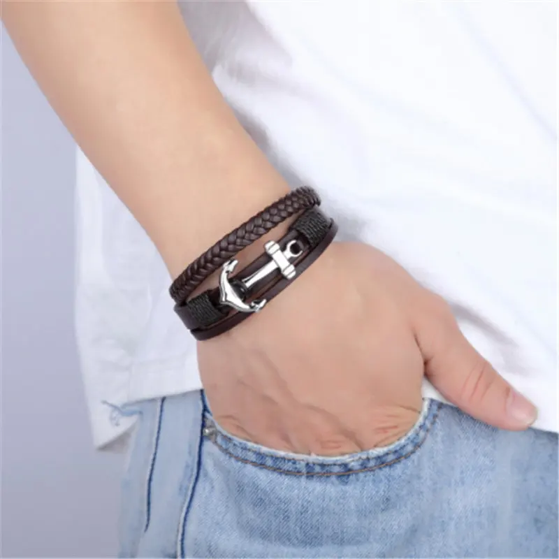 2018 панк якорь браслет для Для мужчин Jewelry Многоэтажный кожа ряд переплетенных