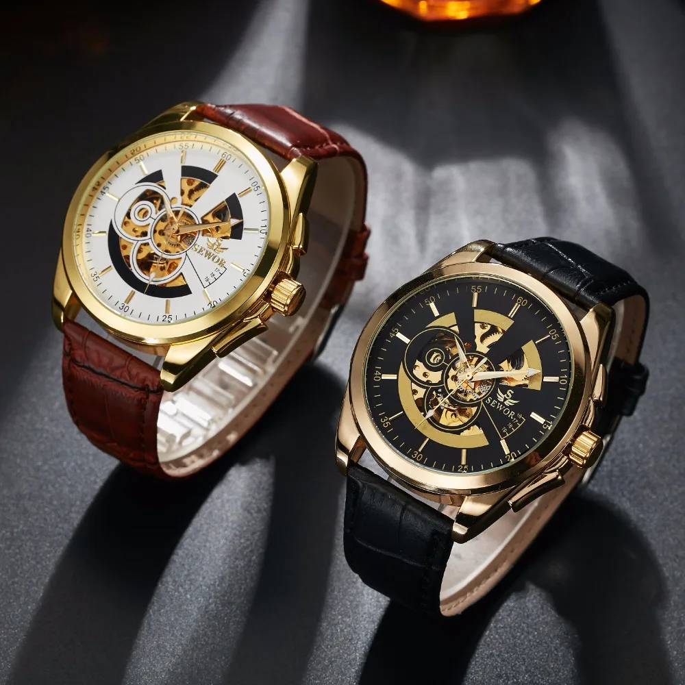 Часы SEWOR мужские деловые автоматические с кожаным ремешком | Наручные часы