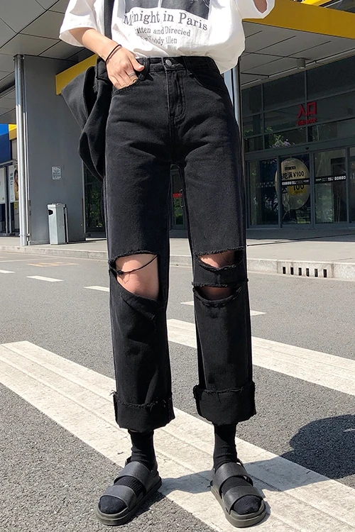 S-xl осенние винтажные стильные женские черные рваные джинсовые брюки повседневные джинсы с высокой талией для женщин прямые брюки(78207