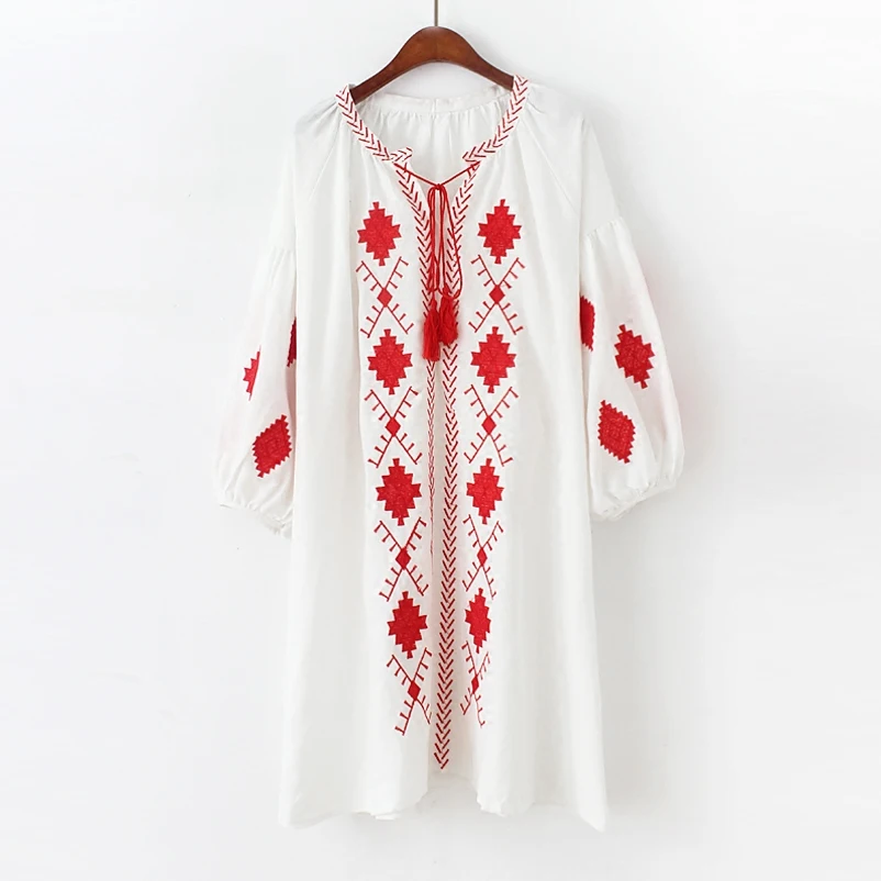 Hippic Chic Boho People Mexican Dress Women Autumn Summer Embroidery Runway White Black Blue Vintage Retro Loose Dresses | Женская