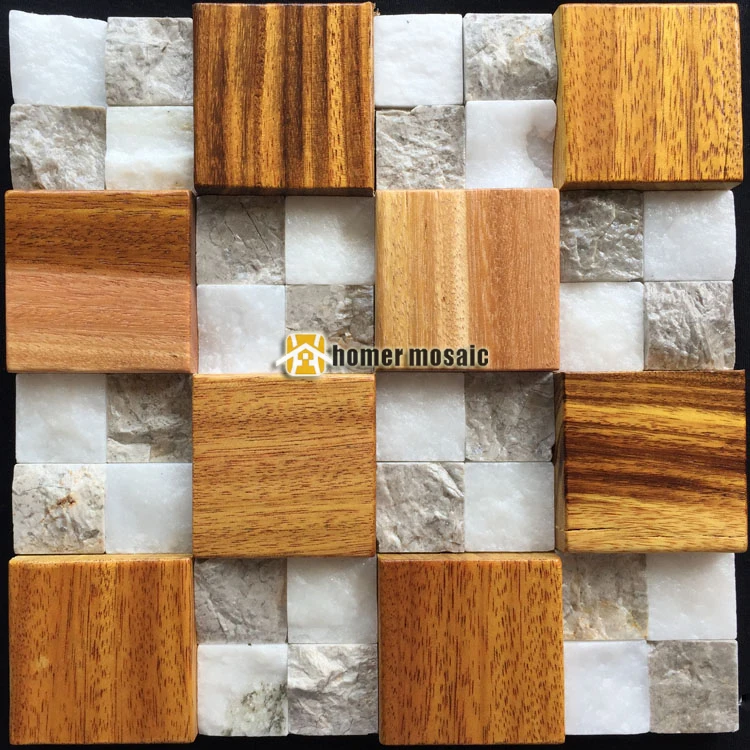 

3D natural wood mosaic old ship wood tiles mixed stone wall mosaic HS6000A for bar background backsplash kitchen wall