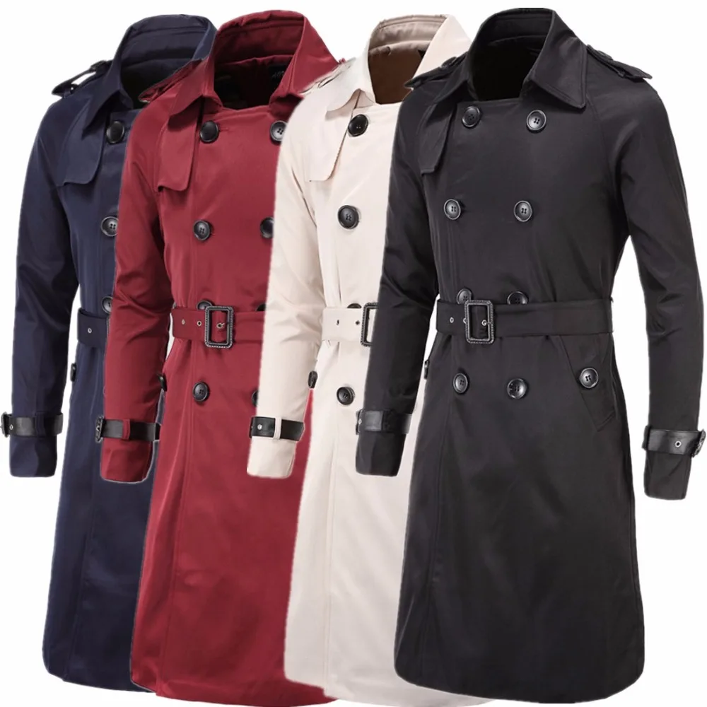 Classic Full length Male Trenchcoat Jacket Extra Long Black Trench Coat Men Double Breasted Belted Burgundy Navy Plus Size 5XL