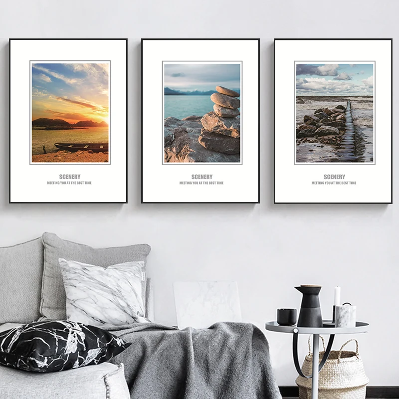 Landscape Seascape Home Decor Canvas Painting Sunset Boat Stone Picture Art Print Living Room Hotel Backdrop | Дом и сад