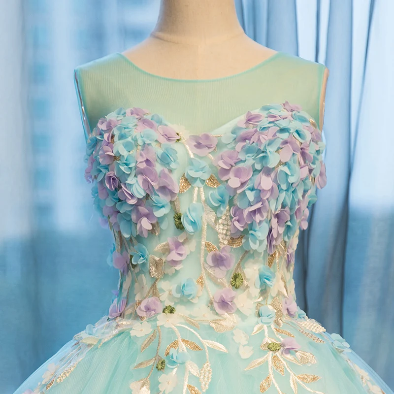2017 Gorgeous Light Green Flowers Applique Pageant Party Dress Women Sleeveless Floor Length Ball Gown vestidos de festa Женская