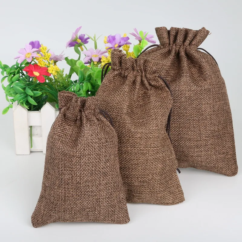 

10pcs Brown Cotton Linen Drawstring Wedding Jewelry Decorative Bag Christmas/Wedding Gift Bags Pouch Product Packaging Bags