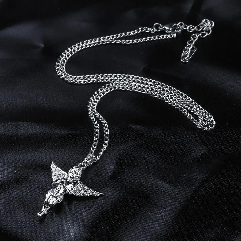 Cubic Zircon Crystal Small Angel Pendant Necklace Hip Hop Choker Silver Chain Charm Women Men Jewelry Gift | Украшения и