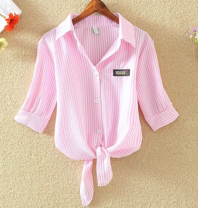 

plus size 4XL! summer new preppy style striped short-sleeved shirt women shawl white shirt wild loose sunscreen shirt