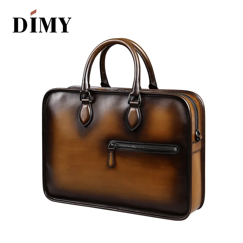 DIMY Vintage Handmade Italian Genuine Leather Briefcase Men Hand Patina Messenger Shoulder Bags Laptop Business Case Men's Bags