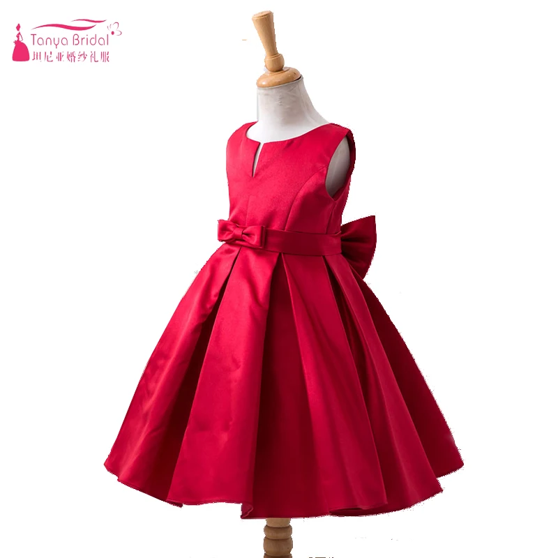 

Red Satin Cute Flower Girls Dresses For wedding And Party Jewel With Charming Bow vestido longo Real In Stock ZF017