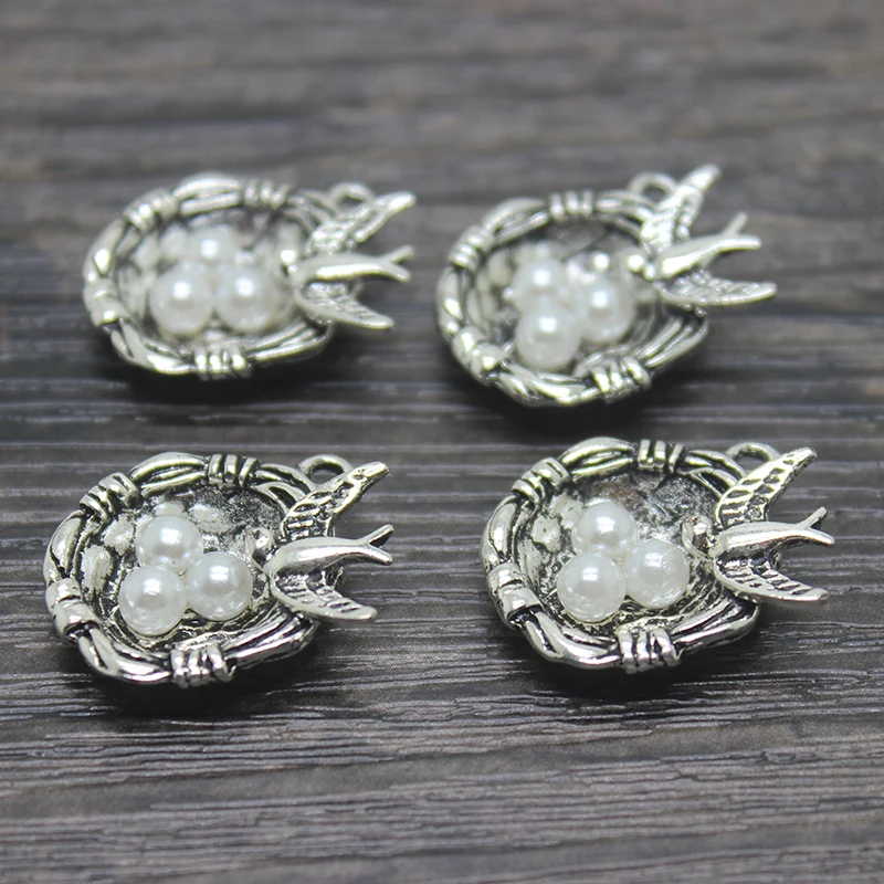 

10pcs/ 25x20mm Antique Silver bronze Bird Nest Charms with 3 Pearl Like Beads