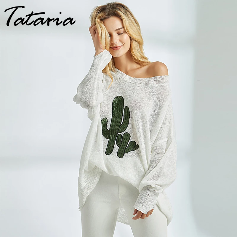 Tataria Sexy Off Shoulder Knitted Sweater Women Long Sleeve Batwing for Elegant Solid Printed Pullover and | Женская одежда