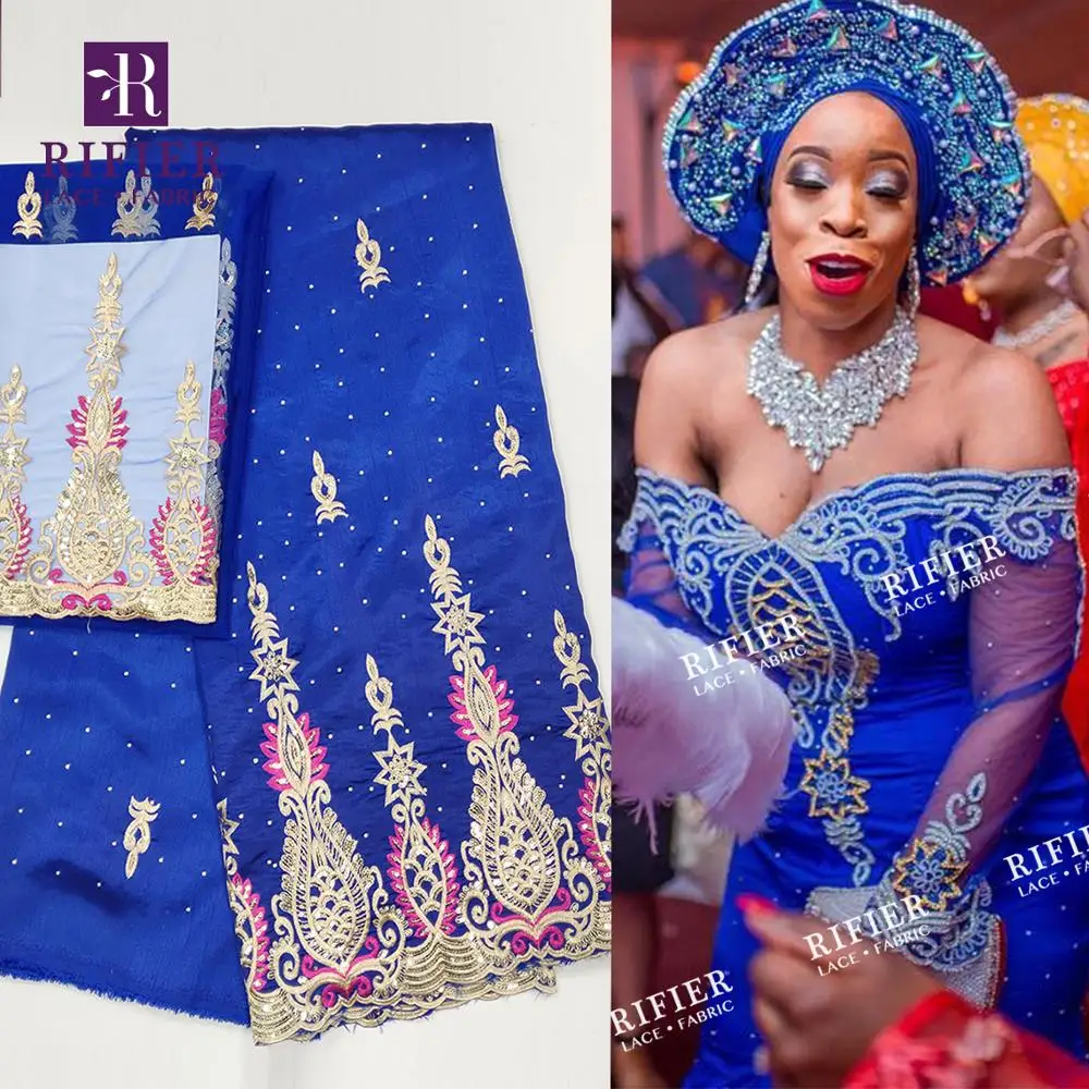 

Rhinestones Royal Blue African George Lace Fabric With 2 Yards Net Blouse Lace Sequined Embroidered George Silk Stones Material
