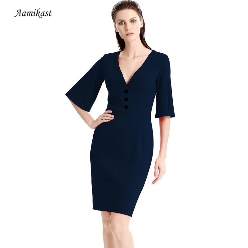 Винтажное женское платье миди с V образным вырезом и рукавом 3/4 на пуговицах