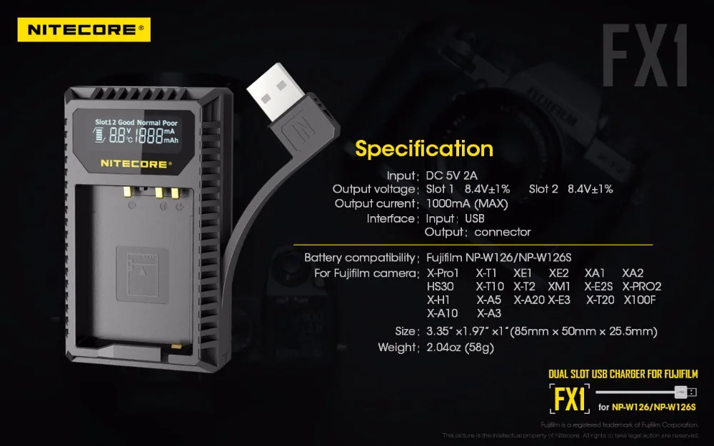 Nitecore FX1 двойной слот USB Зарядное устройство для ЖК-дисплея с подсветкой Fujifilm NP-W126 NP-W126S Камера Батарея X-Pro1 X-T1 XE1 XE2 XA1 XA2 XM1 HS30 X-T2 X-E2S