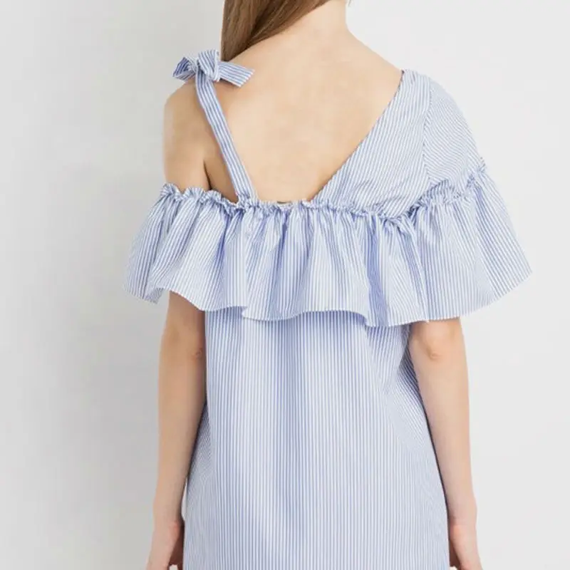 Summer ruffles women mini dress one shoulder straight short sleeve striped beach dresses vestidos WI446 | Женская одежда