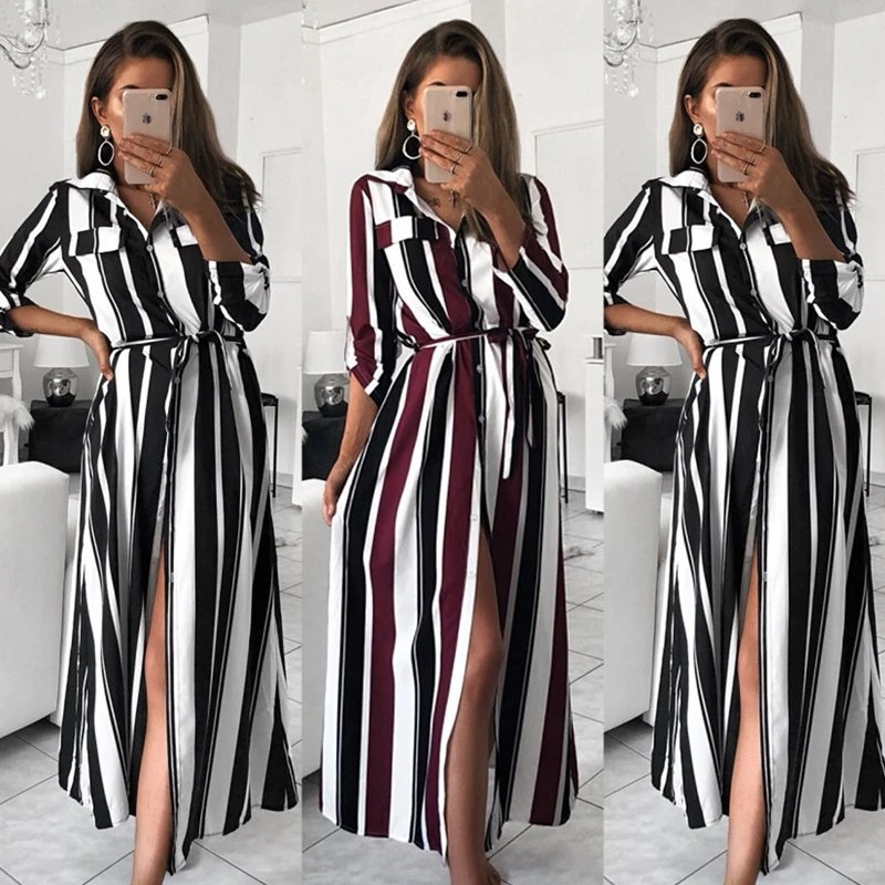 

Stripe Maxi Dress 2019 Office Lady Turn-Down Collar Button Long Shirt Dress Women Autumn Summer Long Sleeve Dress plus size