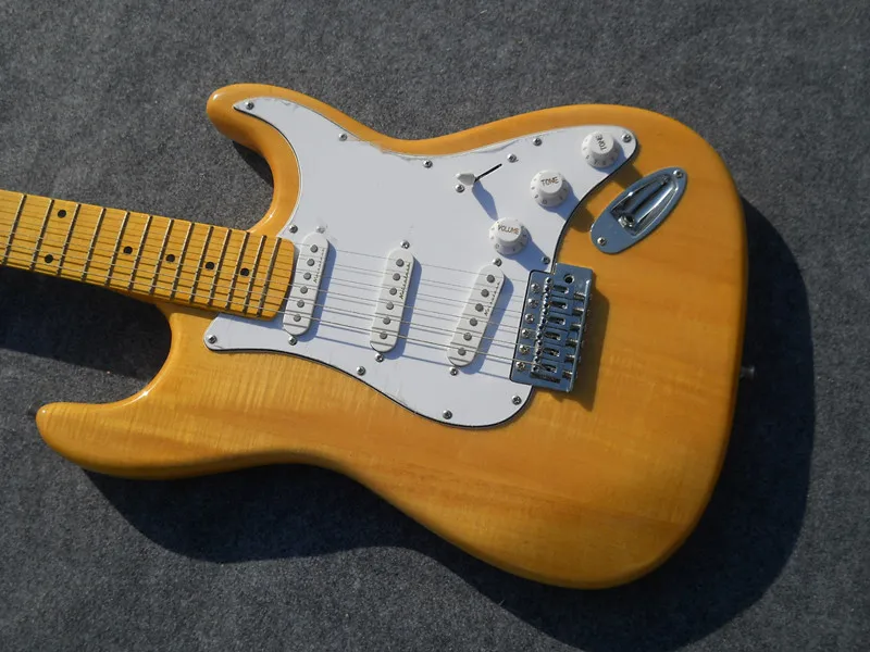 

Yellow body electric guitar and 3 single pickup, White Pickguard, maple leaf Fruto board, provide customized