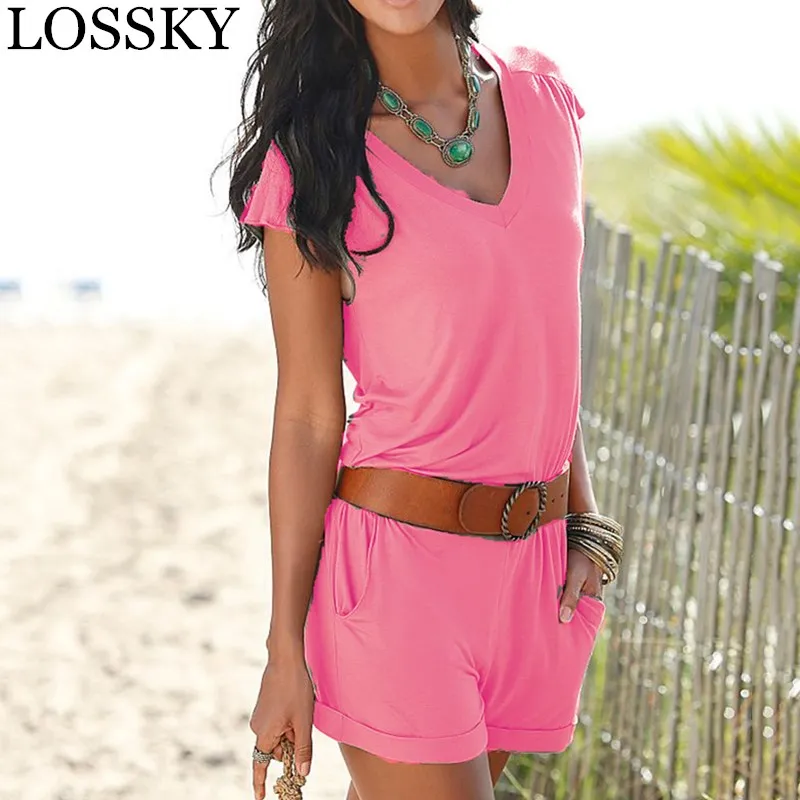 Женский пляжный комбинезон LOSSKY повседневный однотонный короткий без рукавов с V