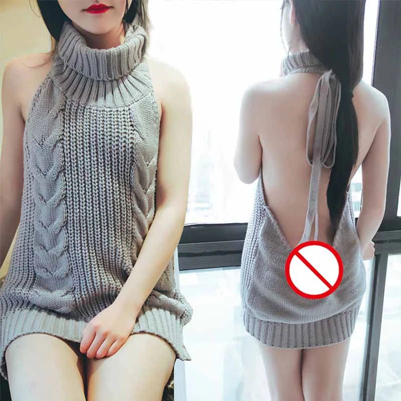 

HOT! Turtleneck Sleeveless Long Virgin Killer Sweater Japanes Knitted Sexy Backless Women Sweaters And Pullovers