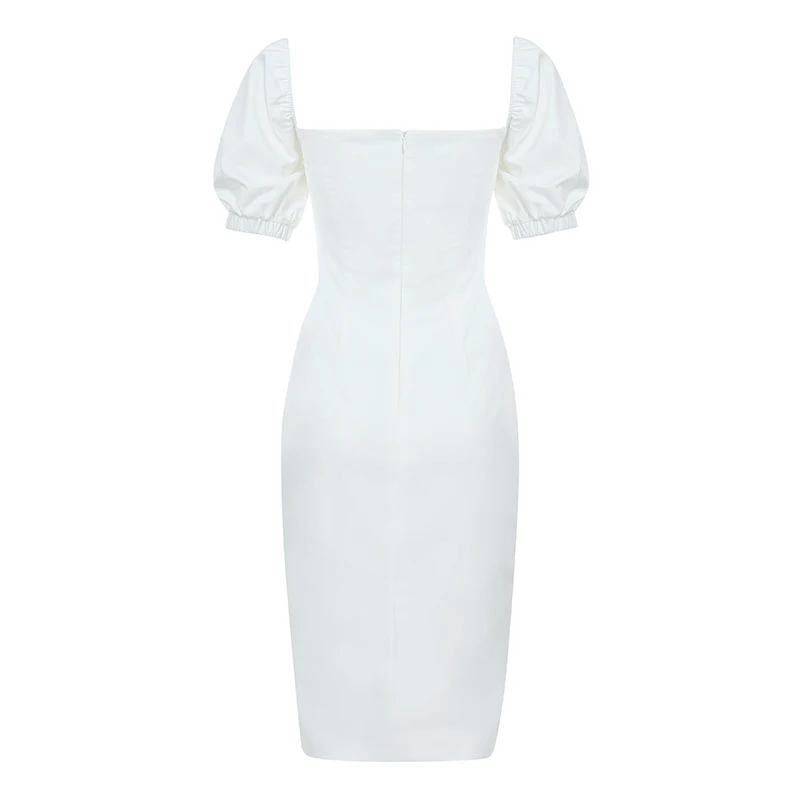 

Max Spri Vestidos 2019 New Women Sexy V Neck Short Puff Sleeves Long Pearl Button Split Elegant Sheath Knee Length Party Dress
