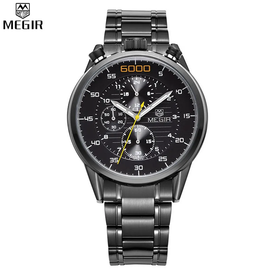 Megir черные часы лучший бренд роскошных мужчин полный стали хронограф 6 руки 24 ч.