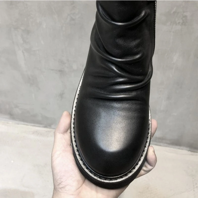 Fashion Men Thick Platform Ankle Boots High Top Genuine Leather Motorcycle Shoes Round Toe Zipper Military Safety | Обувь