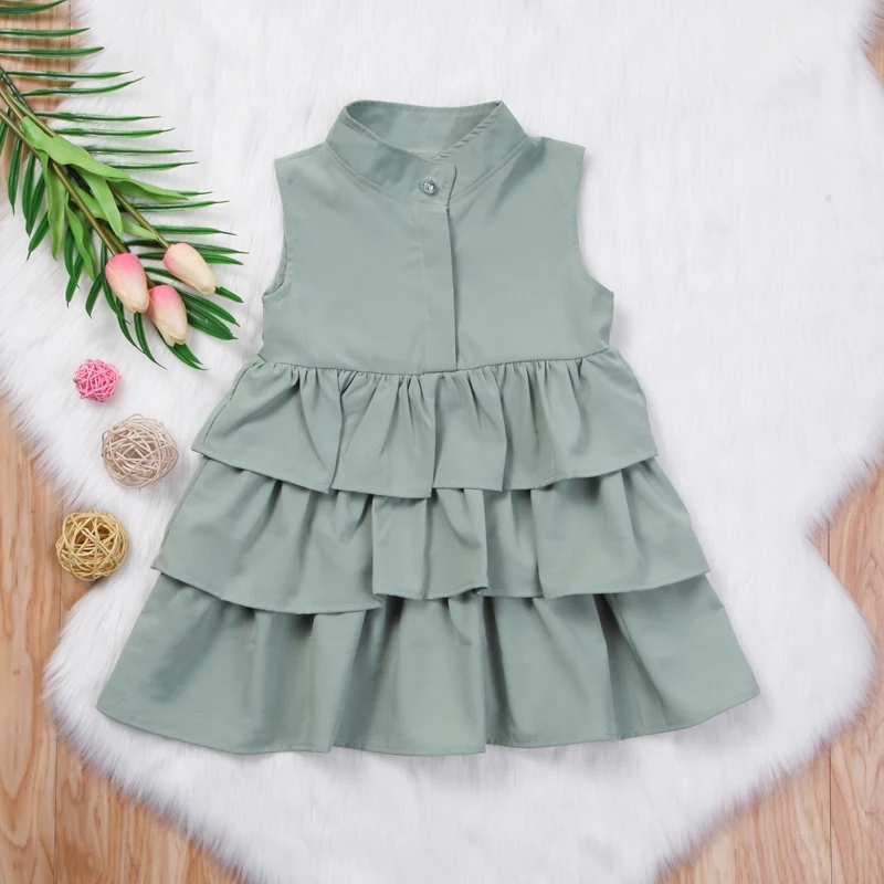 2017 Fashion Sweet Summer Newborn Toddler Baby Girls Sleeveless Turn-down Collar Button Ruffles Waves A-Line Dress Sundress 1-6Y | Детская