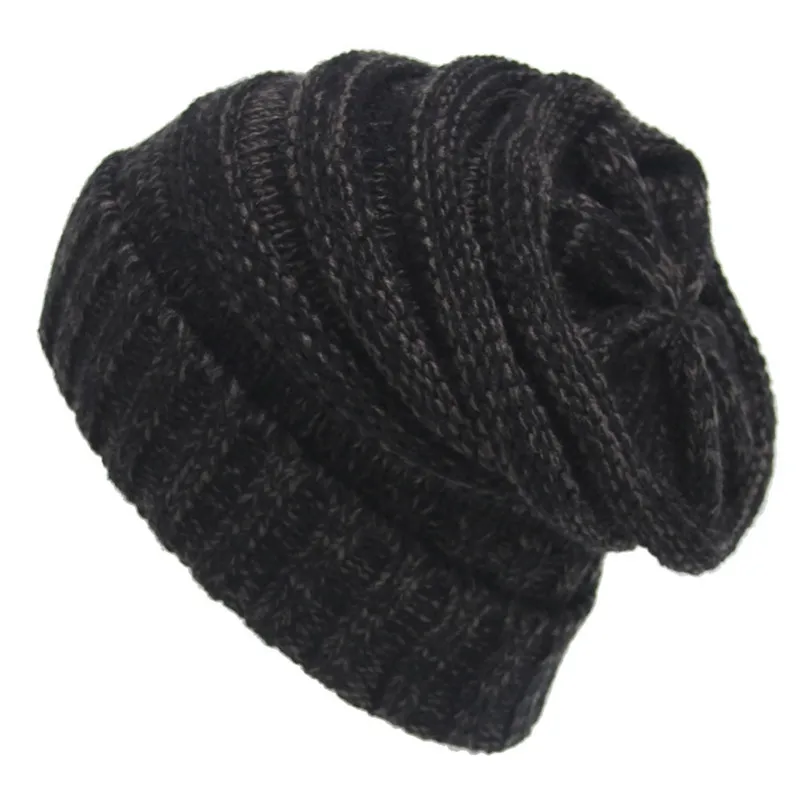 Black Grey Зимние шапки для женщин Skullies Beanies, Мужская шерстяная шапка, повседневная женская вязаная громоздкая шапочка, шапки унисекс, мешковатая теплая шапка, вязаная крючком шапка - Цвет: Black Grey