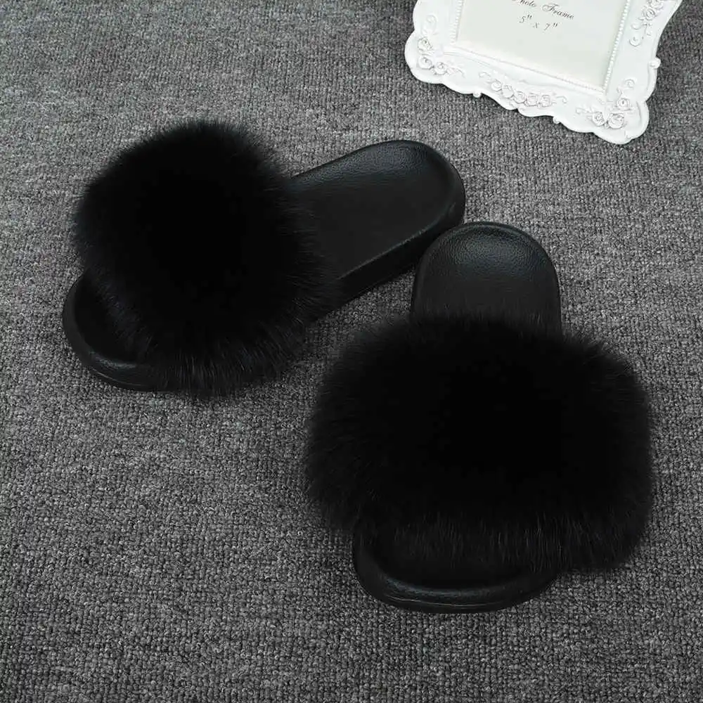 Black CCFUR/Женские меховые тапочки; милые женские пушистые шлепанцы с натуральным лисьим мехом; женские меховые шлепанцы для дома; S6043B - Цвет: Black