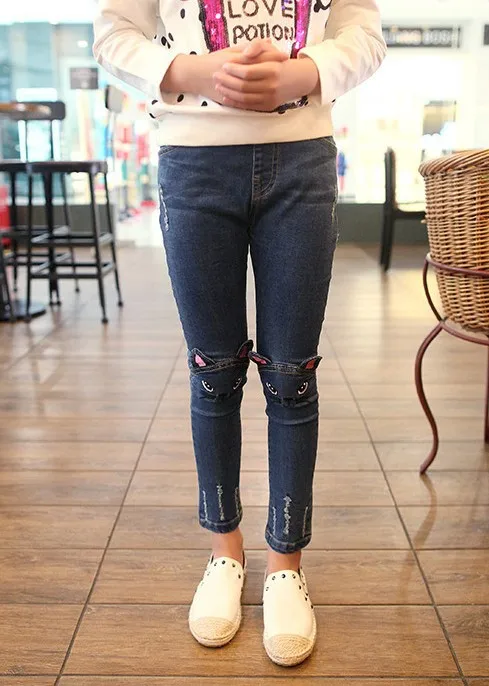 Spring and Autumn Girls' Jeans Korean Children's Wear Cartoon Cat Embroidery Pencil Pants Girls Feet Trousers | Детская одежда