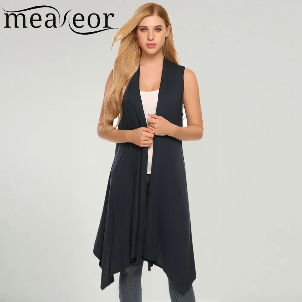 Meaneor Women Vest Sleeveless Cardigan Casual Draped Asymetric Hem Open Front Solid Black Feminino Long Sweater Coat |
