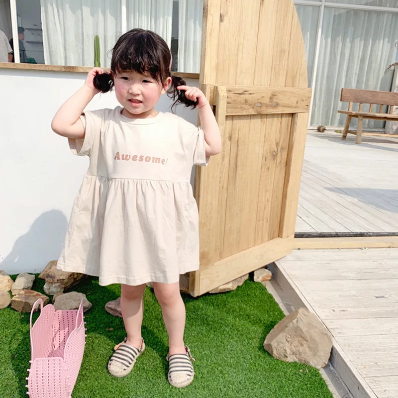 Summer cute girls pure cotton letters printed short sleeve casual dresses kids knitted pleated dress 1-6Y | Детская одежда и обувь